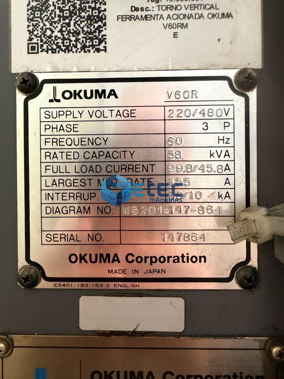 Torno CNC Vertical OKUMA V-60R Com Ferramentas Acionadas